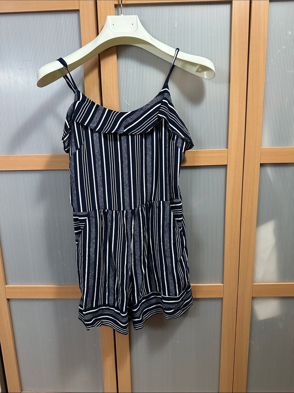 LOFT Navy & White Striped Spaghetti-Strap Romper with Ruffle size 4 side pockets